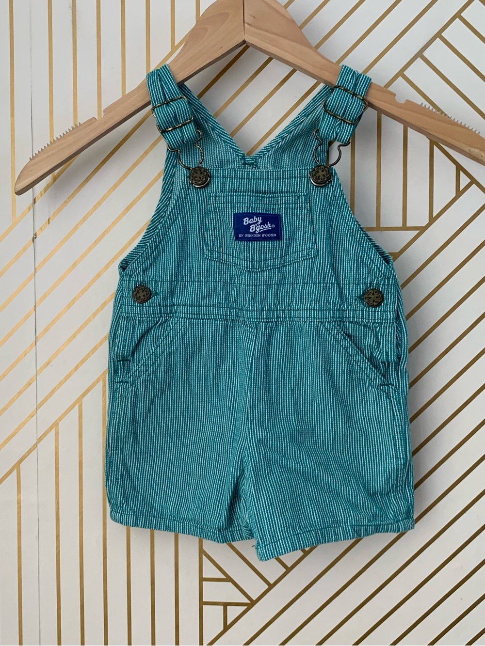 OshKosh B'gosh vintage 100% Cotton Hickory Stripe Vestbak Overall Teal White 18M